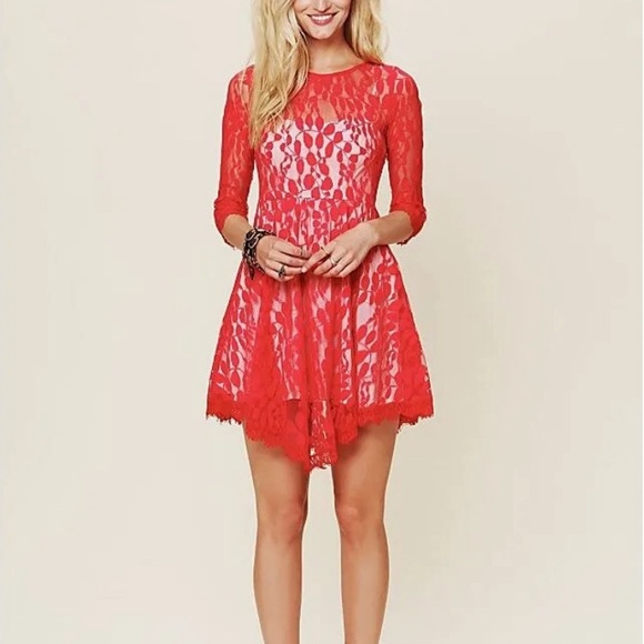 Free People Dresses & Skirts - Free People | NWOT Floral Red Lace Fit & Flare Asymmetrical Quarter Sleeve 6‎